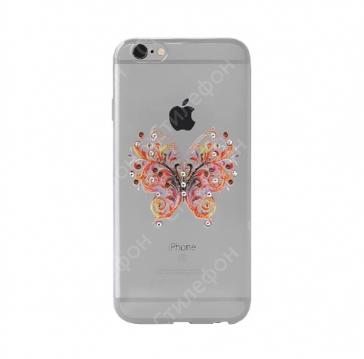 Чехол со стразами для iPhone 6s силиконовый (Красная бабочка)